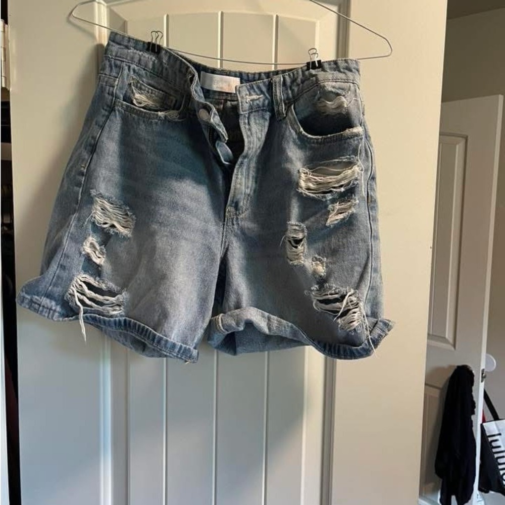 High Waist Blue Distressed Denim Shorts